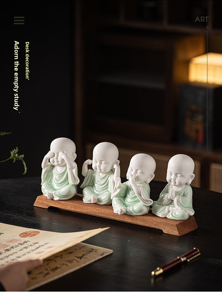 zensoullab Chinese Zen Style Four Little Monks Figurines Ceramic Characters Buddhist Home Living Room Curio Cabinet Decorations Micro Landscape