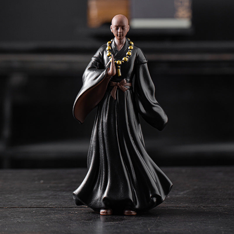 zensoullab Creative New Chinese Style Large Purple Clay Little Monk Figurine Tea Room Living Room Entrance Zen Little Monk Ceramic Character Decoration