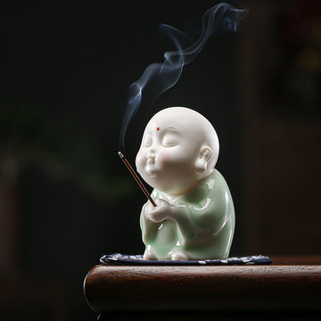 Zensoullab Creative Ceramic Ornaments Cute Little Monk Incense Burner Home Worship Incense Holder Incense Burner Incense Holder Indoor Sandalwood Holder