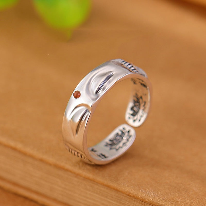 zensoullab Ethnic Style Buddha Silence Ring for Women, Niche Design Thai Silver Lotus Heart Sutra Guanyin Vintage Open Ring