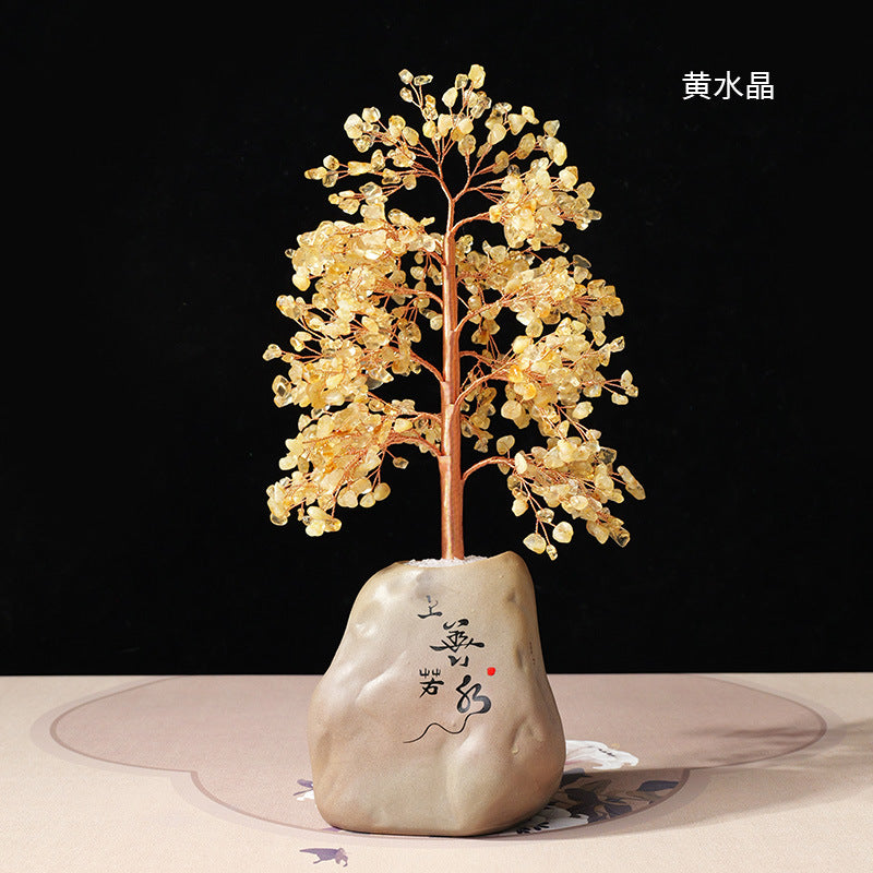 zensoullab Natural Yellow Crystal Crushed Stone Money Tree Hand-woven Copper Wire Home Office Opening Housewarming Wealth Tree Gift Ornament