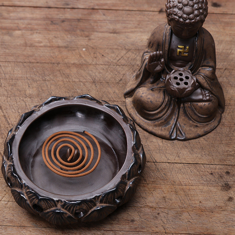 zensoullab Four-Hour Large Buddha Statue Incense Burner Antique Gold Glaze Ceramic Incense Burner Living Room Zen Incense Home Decor