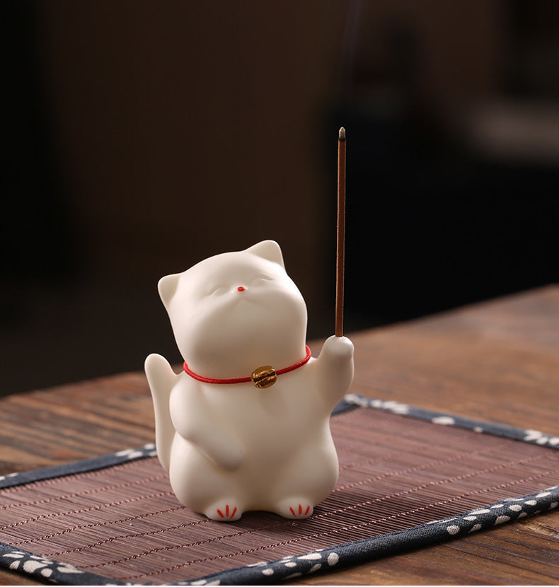 Zensoullab Creative Cute Lucky Cat Ceramic Decoration Cute Cat Tea Ornaments Pen Holder Home Indoor Sandalwood Incense Stick Holder Incense Ceremony Incense Holder