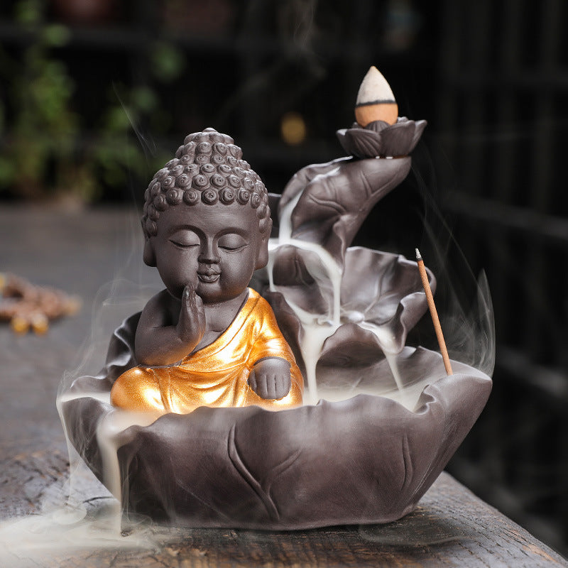 zensoullab Purple Clay Ceramic Backflow Incense Burner Crafts Creative Lotus Leaf Buddha Statue Small Novice Incense Burner Ornament