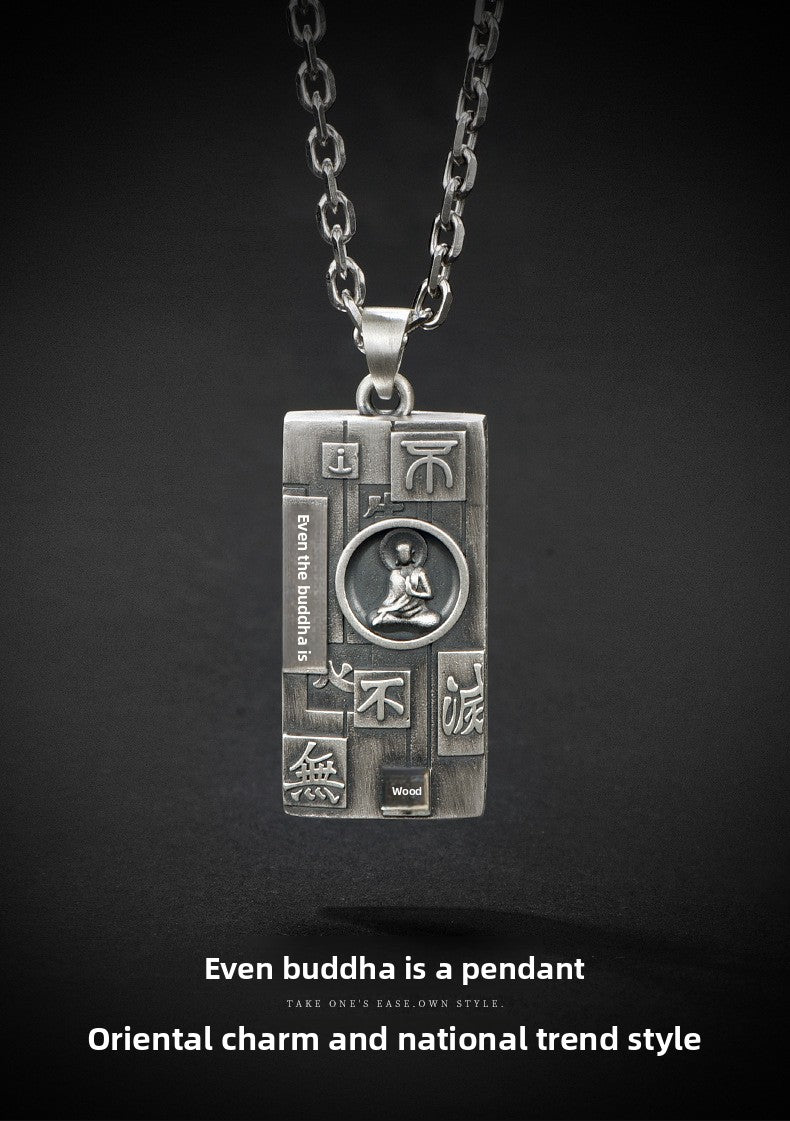 Zensoullab Thai Silver Amulet Necklace Men's Damo Buddha Symbol Pendant Protective Talisman Hanging Ornament Square Plate Pendant for Boyfriend