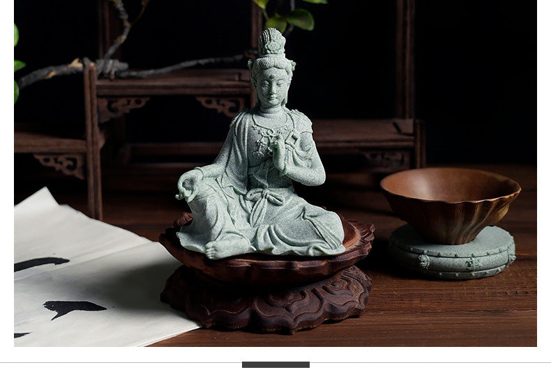 zensoullab Desktop Chinese Style Water Moon Guanyin Bodhisattva Buddha Statue Micro Landscape Fish Tank Decoration Fake Mountain Ornament Tea Pet Incense Decoration