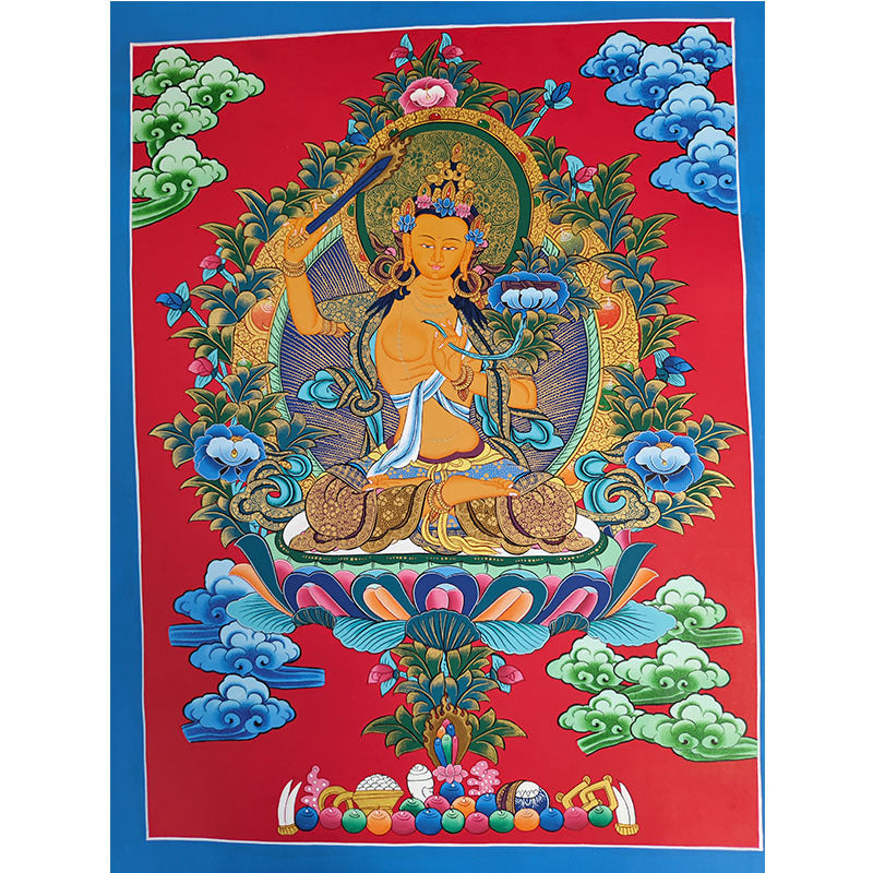 zensoullab Nepal Hand-painted Manjushri Thangka Yellow God of Wealth Samantabhadra Four-armed Guanyin White Tara Green Tara Entrance Wall Hanging Painting