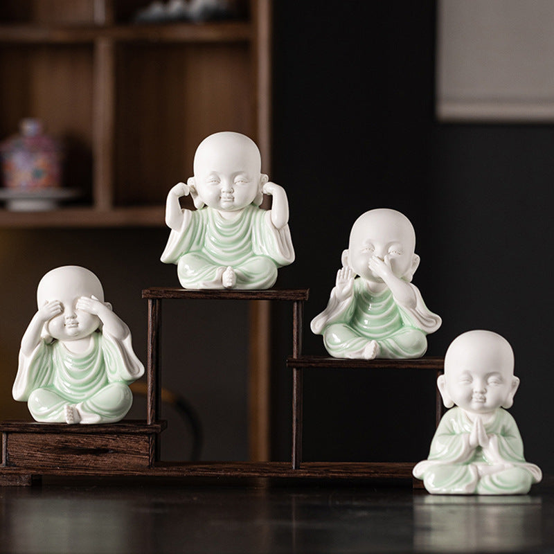 zensoullab Chinese Zen Style Four Little Monks Figurines Ceramic Characters Buddhist Home Living Room Curio Cabinet Decorations Micro Landscape