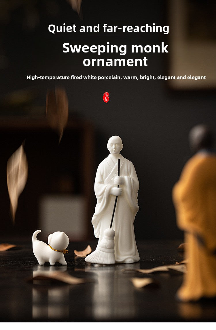zensoullab Creative Ceramic Figure Sweeping Monk Zen Little Monk Ornament Home Living Room Curio Shelf Tea Room Bonsai Decoration