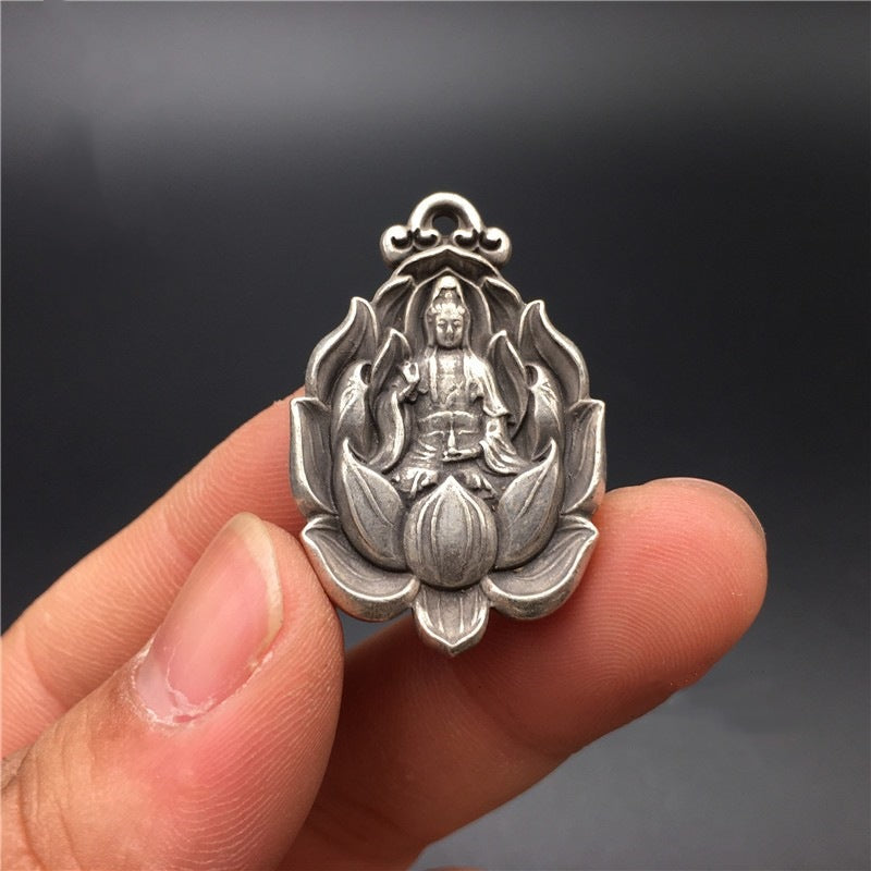 zensoullab Tibetan Silver Lotus Guanyin Buddha Pendant Keychain Car Key Holder Protective Buddha Pendant Vintage Craft