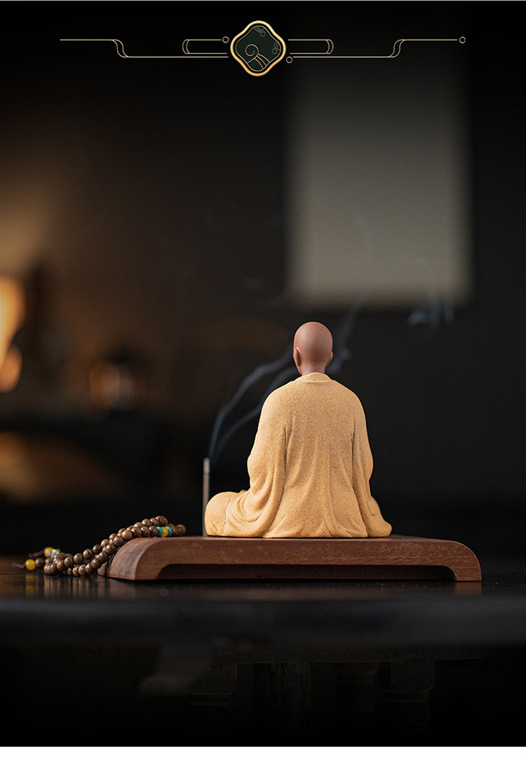 zensoullab Dust-Free Zen Little Monk Purple Clay Figurine Ceramic Figure Ancient Style Tea Room Display Stand Desktop Decoration