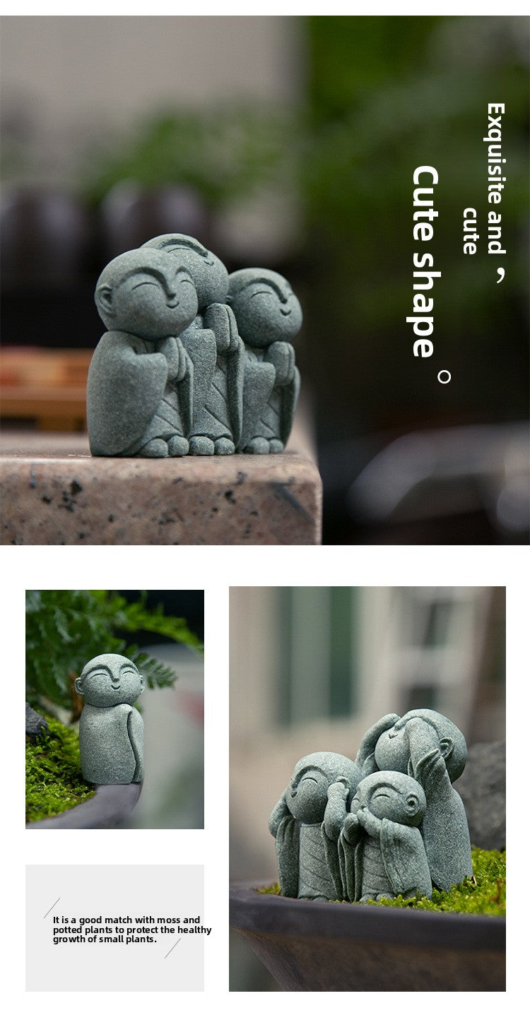 zensoullab Green Sand Stone Japanese Style Little Monk Home Aromatherapy Decoration Kyoto Kanzan Shape Fish Tank Aquarium Bonsai Matching Ornament