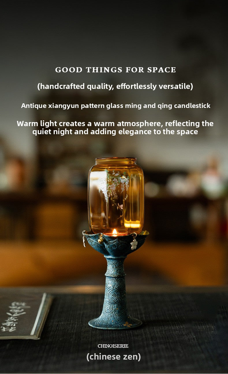zensoullab New Chinese Style Antique Cloud Pattern Wisteria Glass Ming-Qing Candle Holder Ceramic Home Base Ornament Atmosphere Lamp Stand