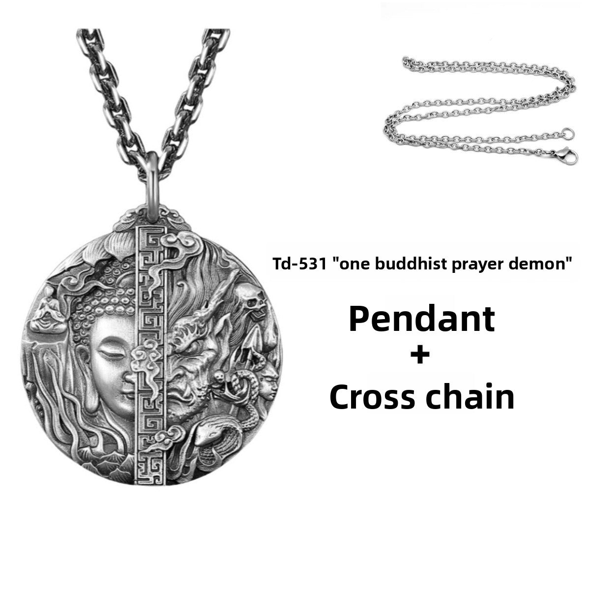 zensoullab Thai Silver Vintage Buddha and Demon One Thought Pendant Men's Solid Vintage Round Large Buddha Pendant Chinese Style Necklace