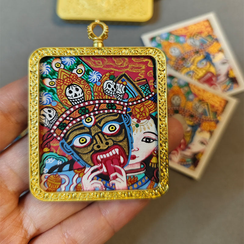 zensoullab Nepal Hand-painted Female God of Wealth Zaki Ram Past and Present Life Thangka Tibetan God of Wealth Small Thangka Gawu Box Pendant