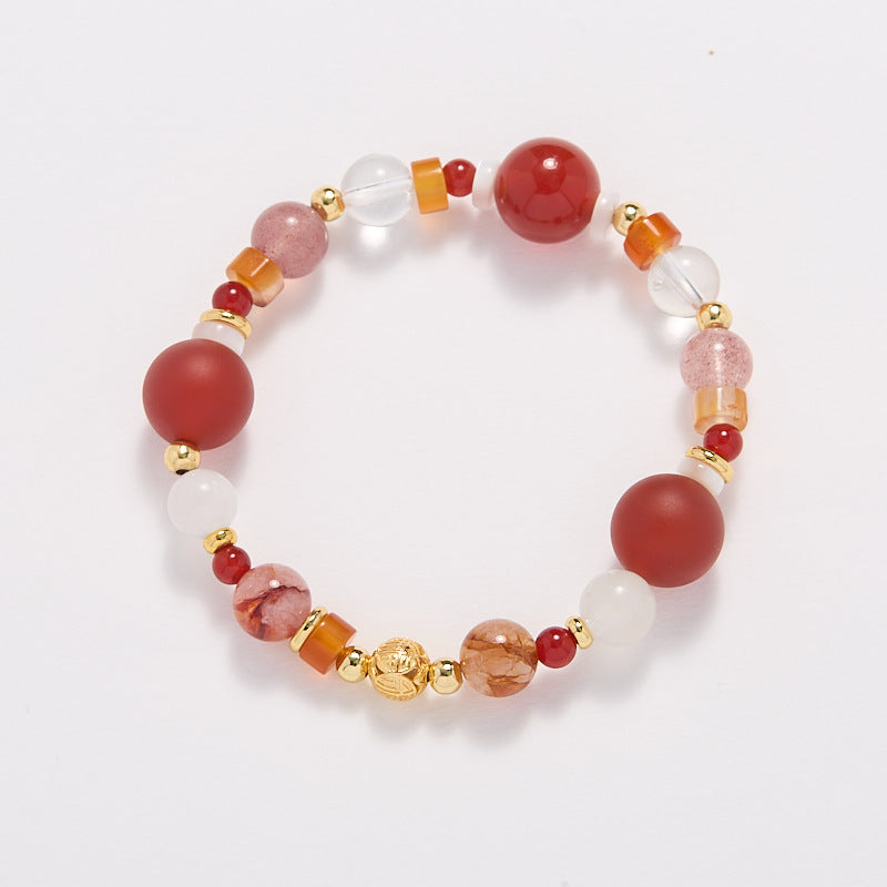 Zensoullab Natural Frosted Red Agate Red Sealant Flower Duobao Crystal Bracelet Lucky Koi Plastic Flower Bracelet for Women