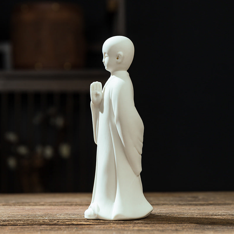 zensoullab Zen Ceramic Little Monk Figurine White Porcelain Little Novice Creative Chinese Style Living Room Entrance Tea Table Incense Home Decor