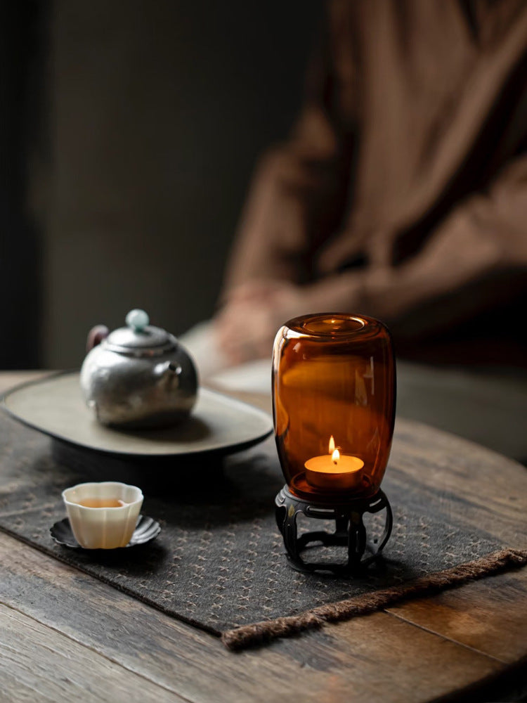 zensoullab Ancient Style Candle Lamp Bronze Base Zen Tea Room Atmosphere Lamp Glass Amber Space Decoration Ornament Candle Holder