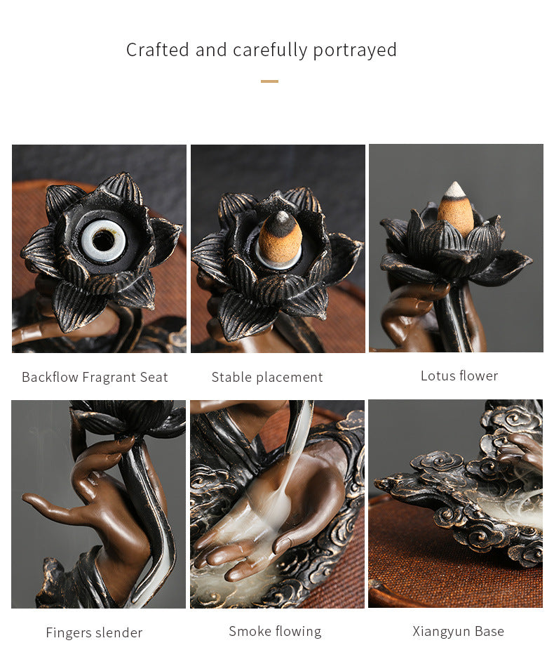 Resin Backflow Incense Burner Ornament Creative Lotus Zen Buddha Hand Backflow Incense Home Craft Decoration