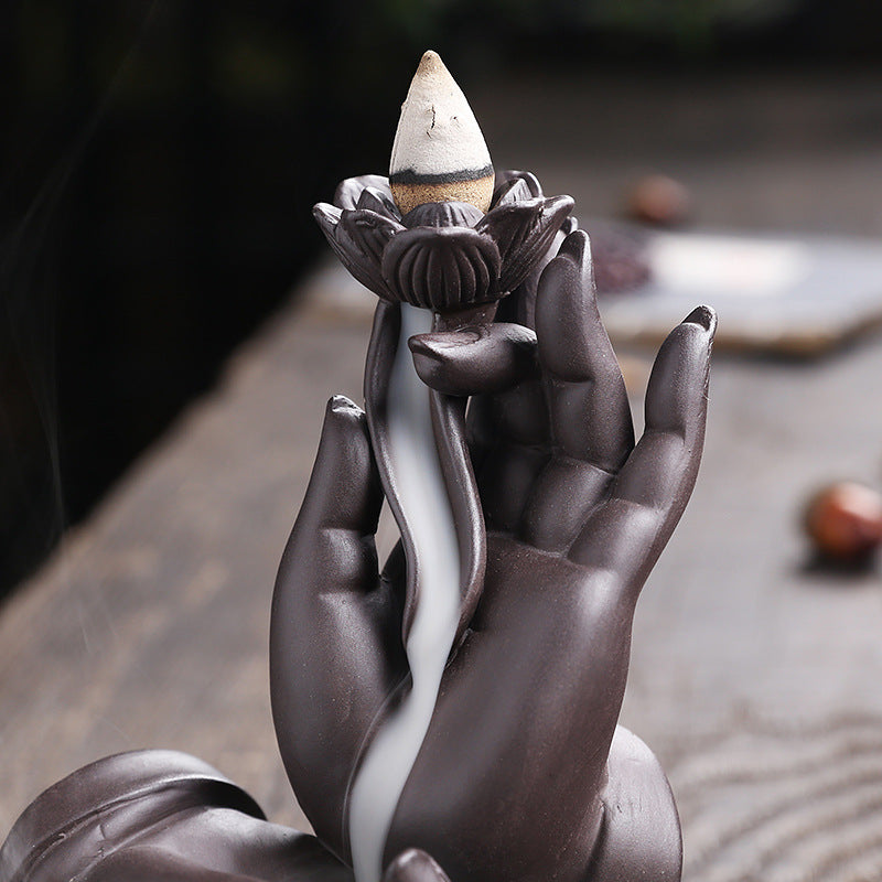 Purple Clay Backflow Incense Burner Indoor Home Incense Burner Creative Large Buddha Hand Backflow Aromatherapy Burner Gift Ornament