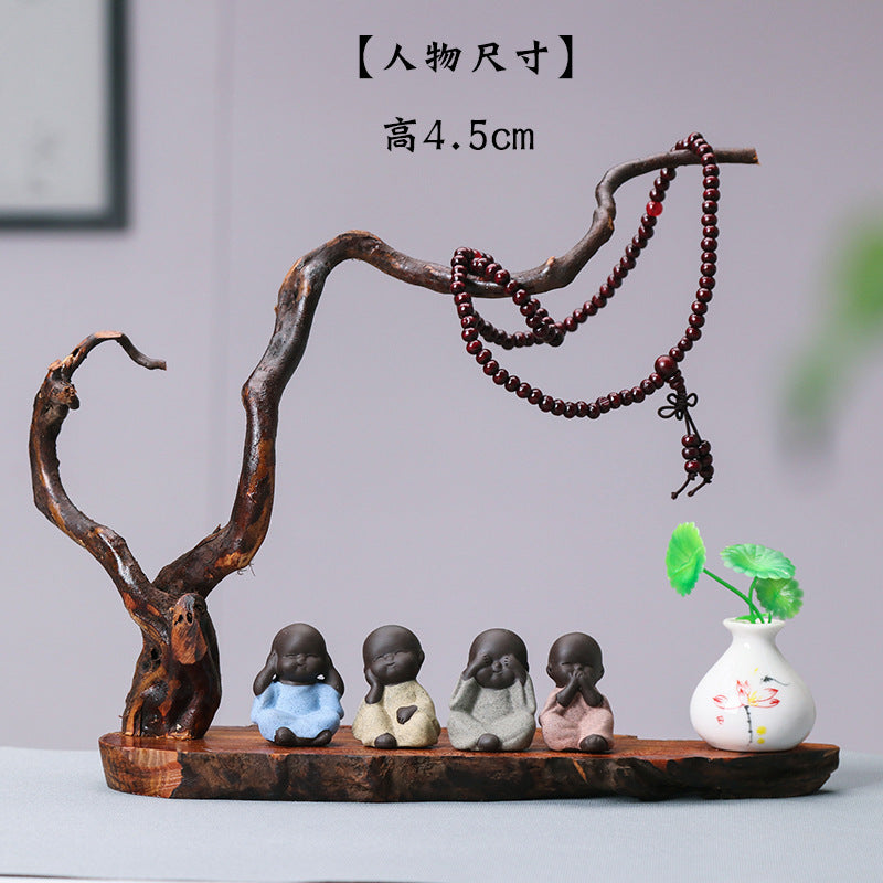 zensoullab Zen New Chinese Style Root Carving Set Ornament Purple Clay Little Monk Living Room TV Cabinet Tea Table Entrance Creative Decoration