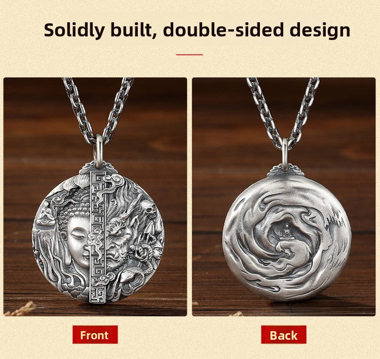 zensoullab Thai Silver Vintage Buddha and Demon One Thought Pendant Men's Solid Vintage Round Large Buddha Pendant Chinese Style Necklace
