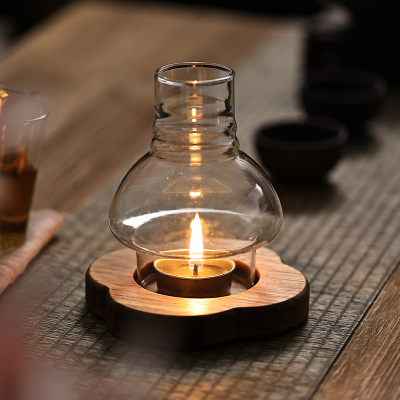 Zensoullab Japanese Style Solid Wood Windproof Glass Lampshade Candlestick Vintage Aromatherapy Candle Light Coffee Table Zen Atmosphere Ornaments
