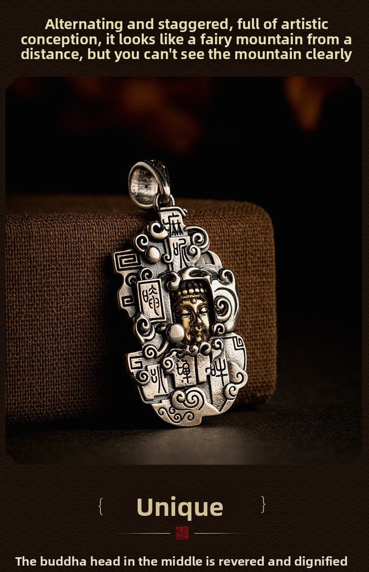 zensoullab Thai Silver Personalized Retro Six-Word Mantra Buddha Head Armor Trendy Creative Peace Jewelry Necklace Pendant for Men and Women