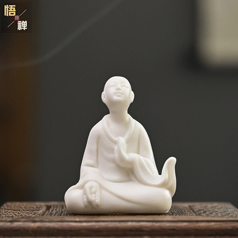 zensoullab Zen Ceramic Figure Chinese Style Desktop White Porcelain Small Ornament Little Monk Fish Tank Landscaping Bonsai Home Handmade Decoration