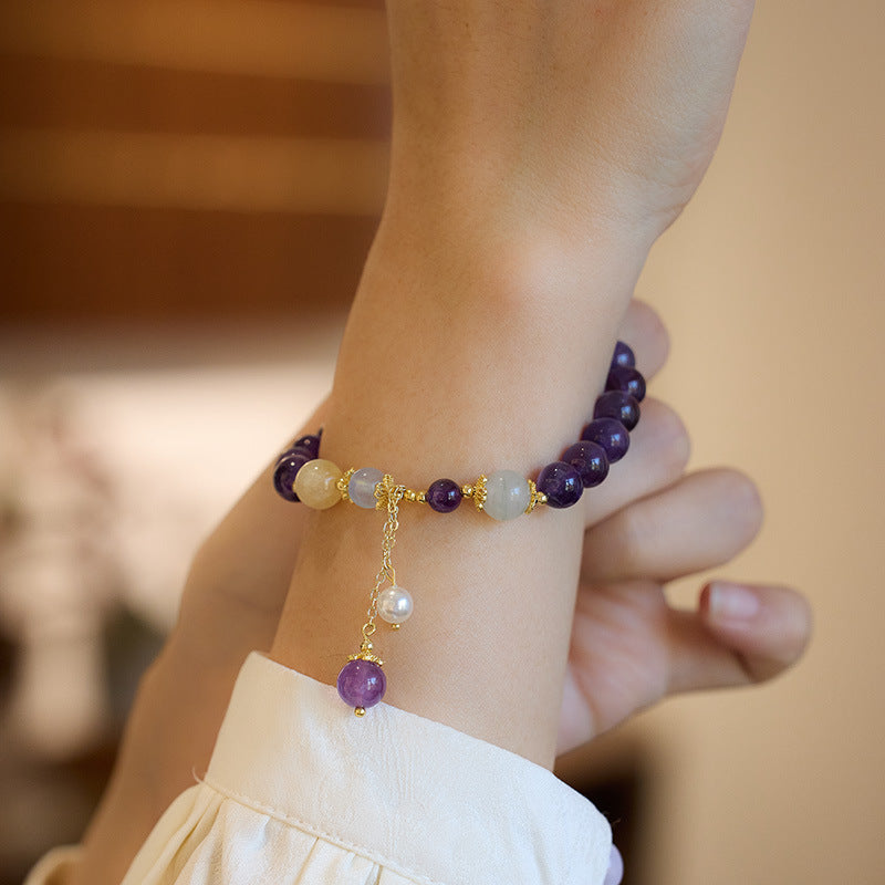 zensoullab Niche Design Natural 8MM Amethyst Bracelet for Women with Pearl Tassel Women's Bracelet Jewelry