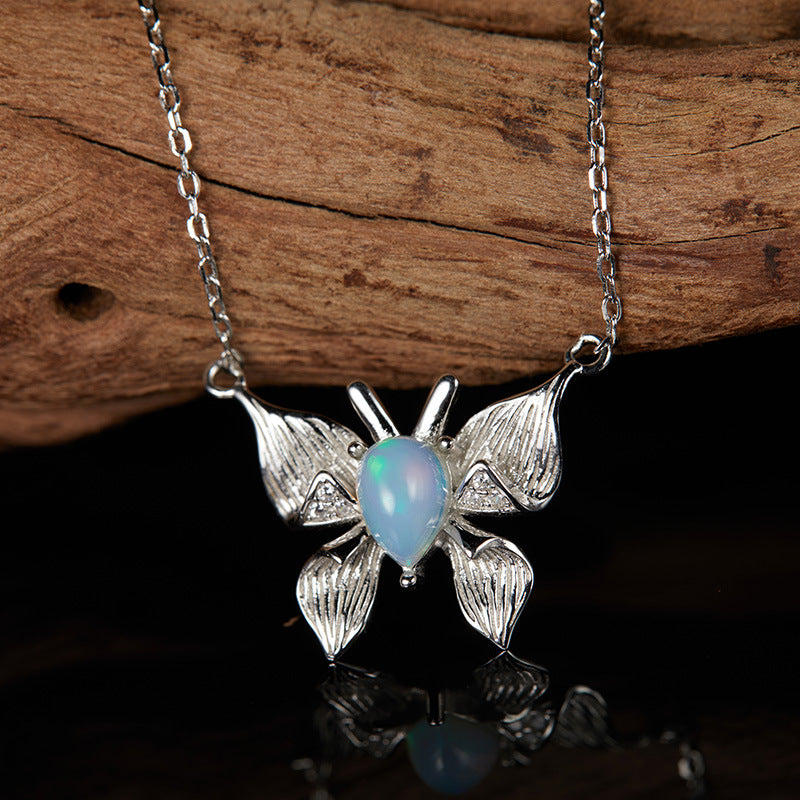 zensoullab Custom Personalized Butterfly Style S925 Sterling Silver Inlaid Natural Gemstone Opal Necklace for Women Live Streaming Hot-Selling Collarbone Chain