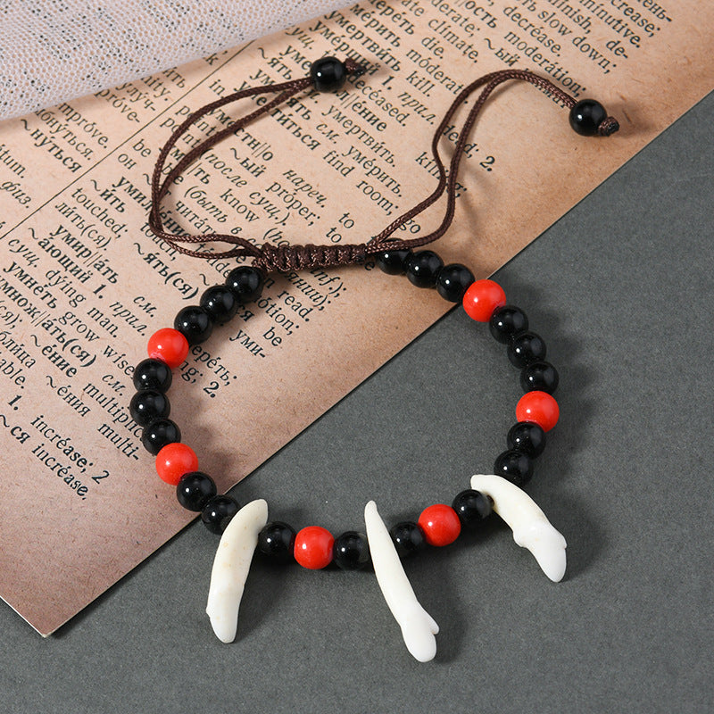 zensoullab Vintage Tibetan Style Ox Bone Dog Tooth Bracelet Carved Dzi Bead Yak Bone Ethnic Style Personality Unisex Bracelet Tourist Spot Jewelry