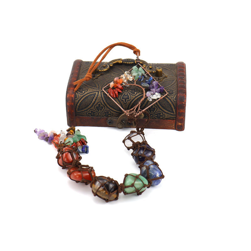 zensoullab7 Colorful Stone Seven Colors Crystal Raw Stone Hand-woven Pendant Natural Stone Tree of Life Car Hanging Dream Catcher Ornament