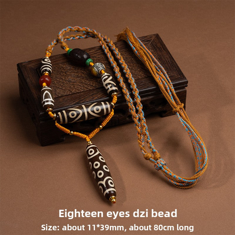 zensoullab Tibetan Nine-Eyed Dzi Bead Necklace with Layered Patina Multi-Totem Agate Pendant Couple Style Woven Necklace