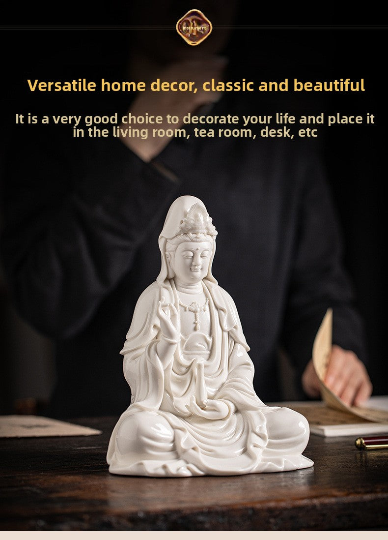 zensoullab Zen Style Chinese White Porcelain Holding Bottle Guanyin Buddha Statue Desktop Ornament Home Indoor Entrance Display Cabinet Decoration