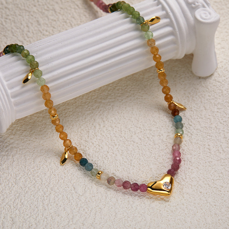 zensoullab S925 Sterling Silver Natural Tourmaline Gemstone Necklace for Women Original Design Heart Trendy Handmade Colorful Beaded Chain