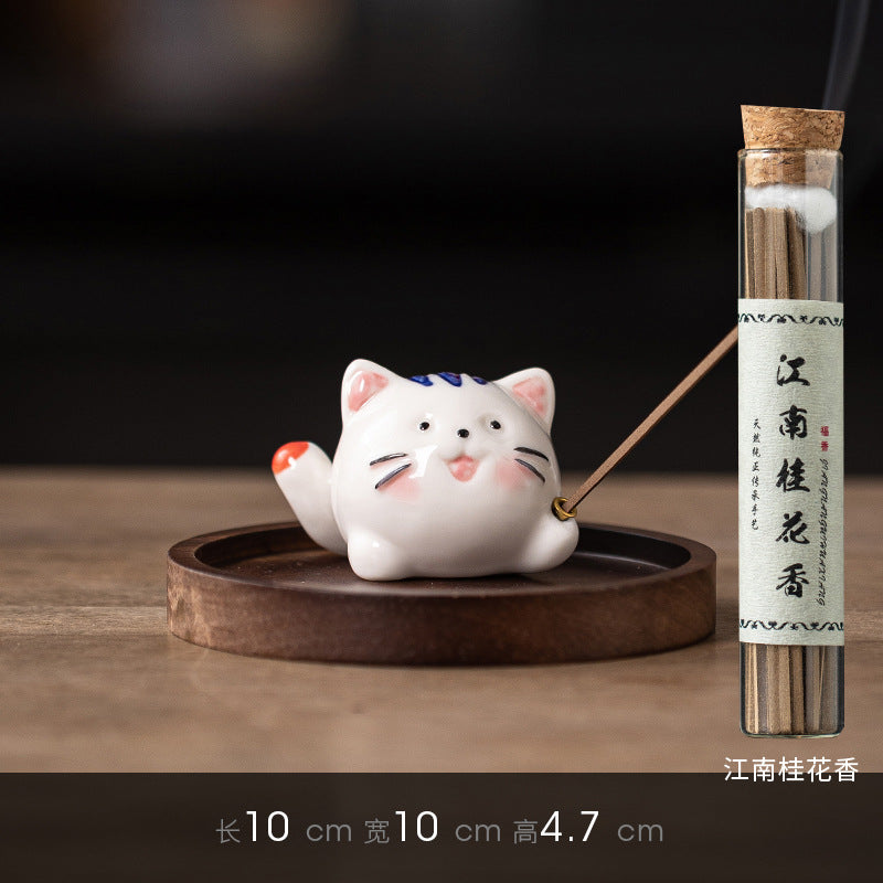 zensoullab Creative Ceramic Cute Little Cat Incense Holder Base Incense Tray Tea Room Tea Table Small Incense Burner Ornament Incense Burner