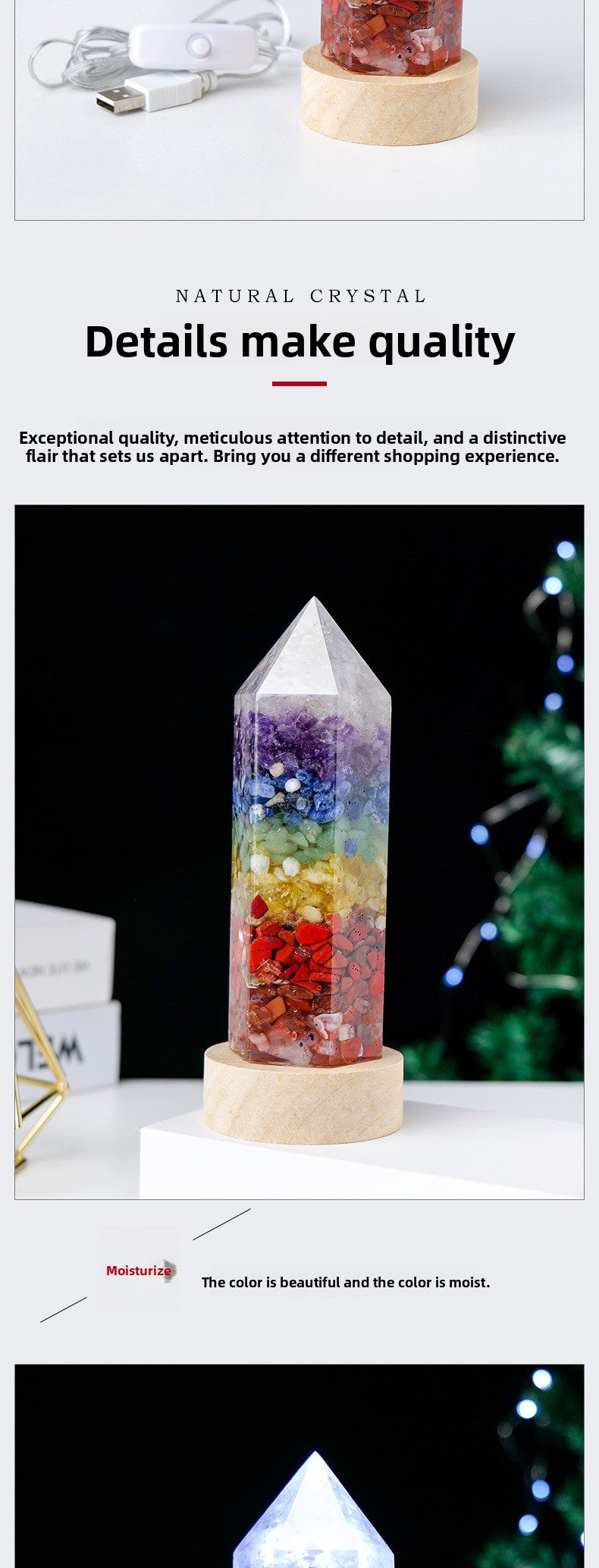 zensoullab Natural Crystal Pillar Night Light USB Creative Crystal Gravel Resin LED Night Light Home Craft Ornament