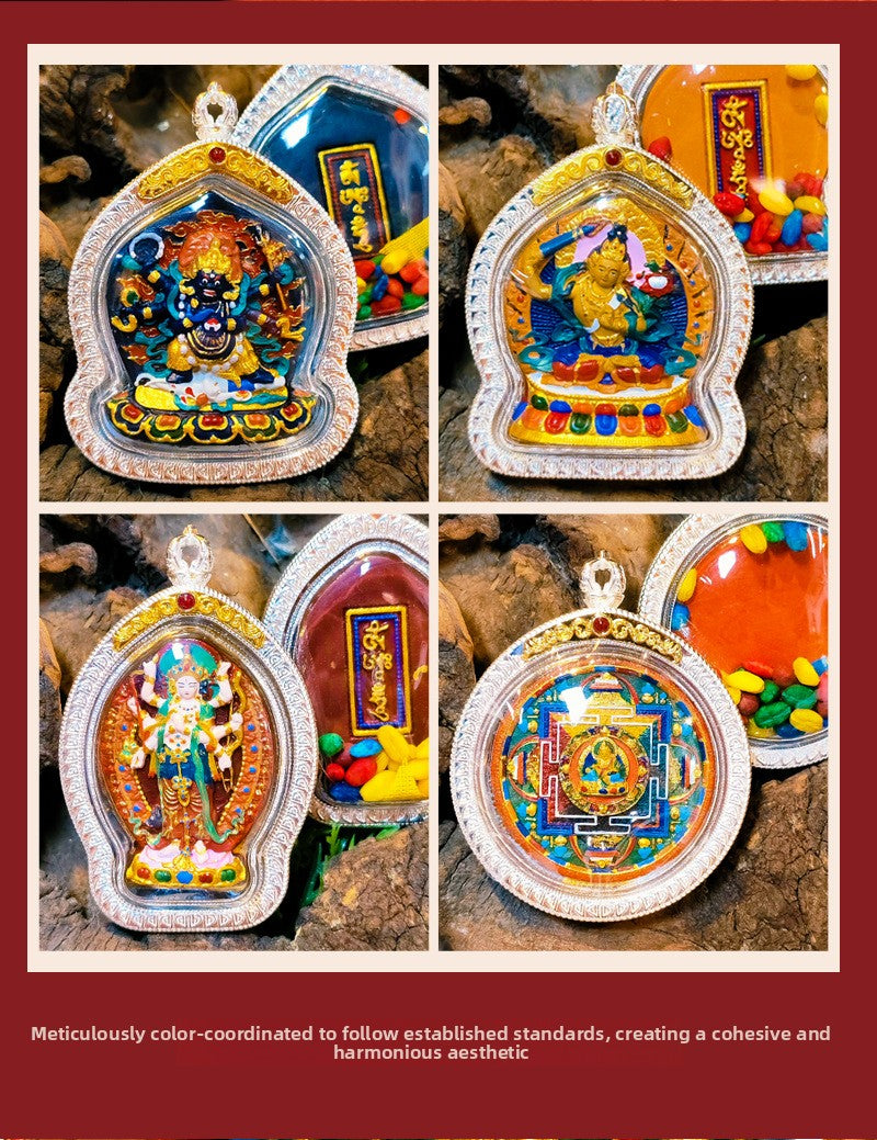 zensoullab Hand-painted Rubbing Thangka Three-dimensional Painted Black God of Wealth Gawu Box Pendant Necklace Zakiram Buddha Amulet