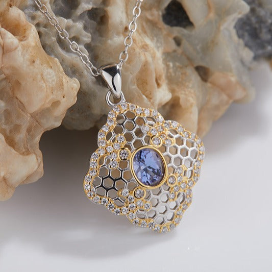 zensoullab Natural Tanzanite Hollow Pendant S925 Sterling Silver Necklace for Women Vintage Versatile Collarbone Chain Jewelry