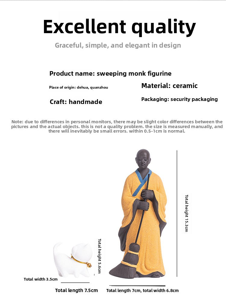 zensoullab Creative Ceramic Figure Sweeping Monk Zen Little Monk Ornament Home Living Room Curio Shelf Tea Room Bonsai Decoration
