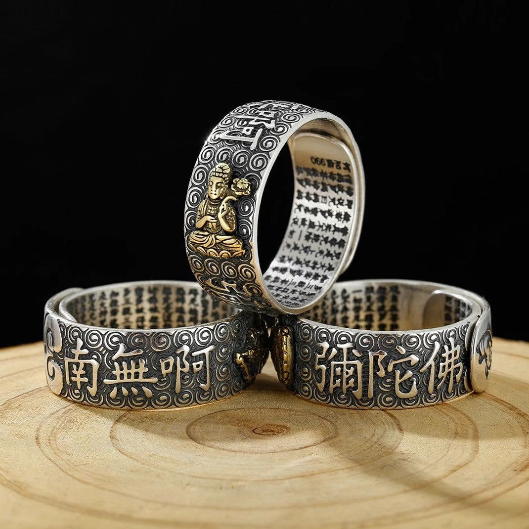 zensoullab Vintage Eight Guardian Deities Ring for Men Heart Sutra Zodiac Year Open Ring Imitation Thai Silver Six-Word Mantra Men's Ring