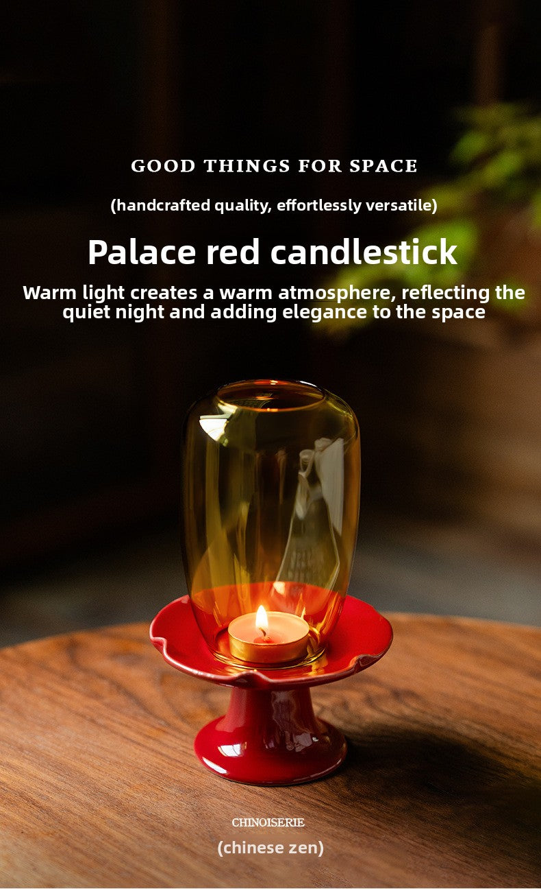 zensoullab New Chinese Style Forbidden City Red Morning Glory Candle Holder Ceramic Base Zen Glass Lampshade Aromatherapy Home Tea Ceremony Accessories Ornament
