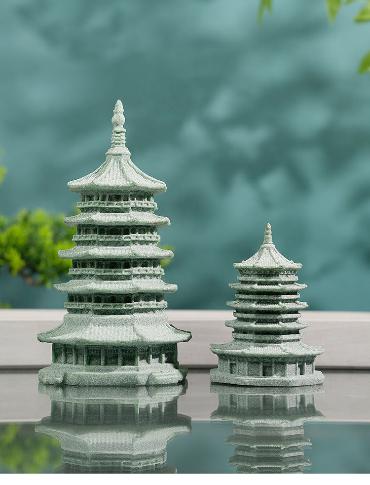 zensoullab Green Sandstone Lei Feng Pagoda Ornament Rockery Fish Tank Micro Landscape Aquascape Bonsai Flowing Water Decoration Ancient Style Home Decor