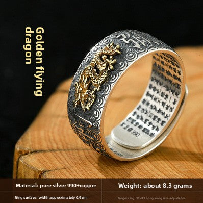 Zensoullab Vintage Thai Silver Zodiac Ring Birth Buddha Heart Sutra Opening Adjustable Men and Women Eight Patron Saints Ring