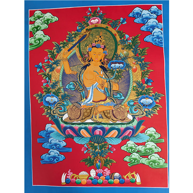 zensoullab Nepal Hand-painted Manjushri Thangka Yellow God of Wealth Samantabhadra Four-armed Guanyin White Tara Green Tara Entrance Wall Hanging Painting