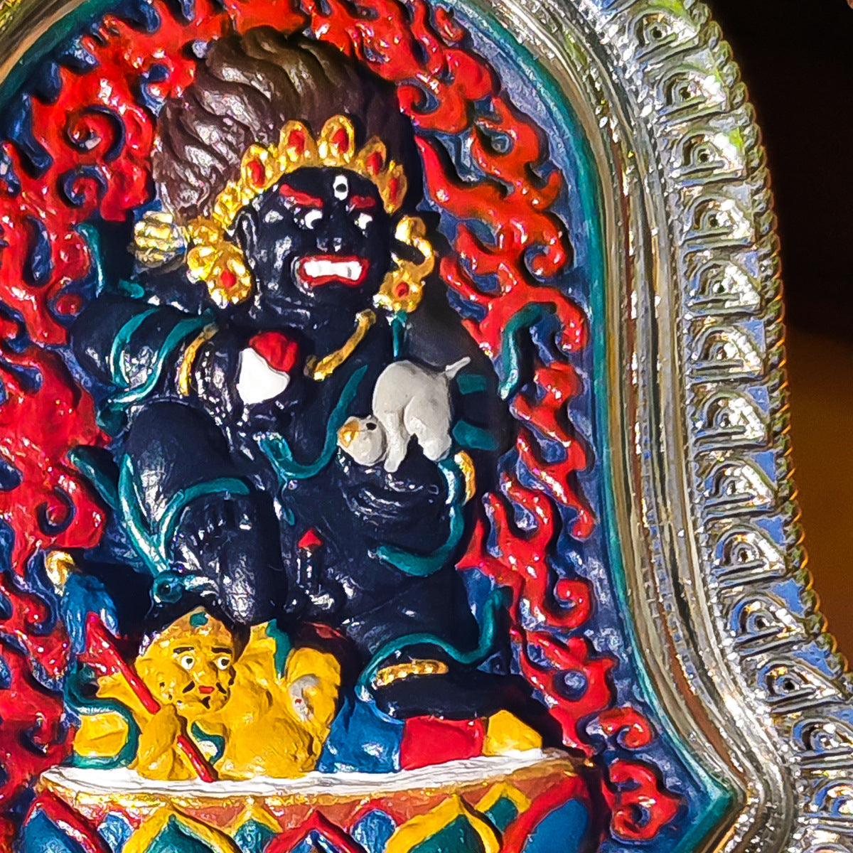 zensoullab Rubbing Thangka Hand-painted 3D Black God of Wealth Tibetan Painted Buddha Small Thangka Buddha Amulet Tibetan Silver Pendant Necklace for Men and Women