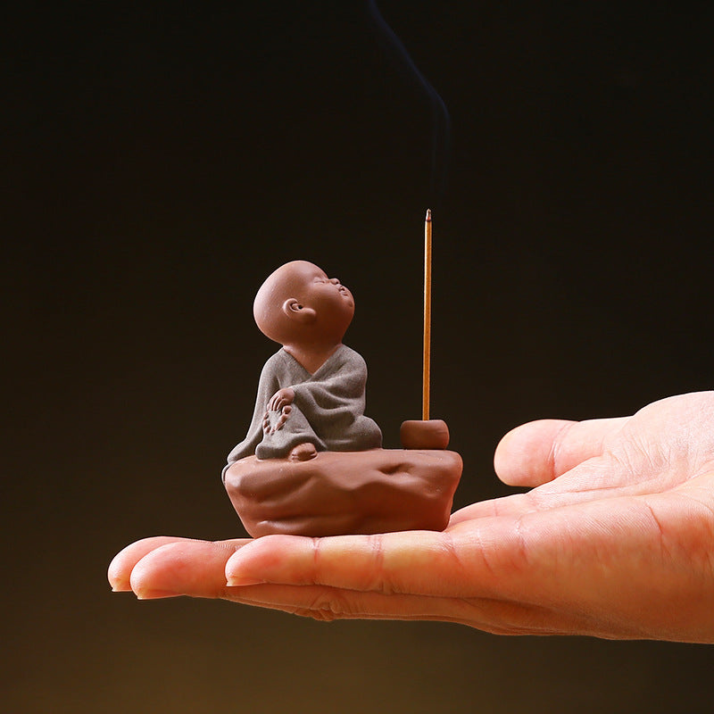 zensoullab Zen Purple Clay Little Monk Incense Holder Ornament for Car, Home, Indoor Living Room, Tea Tabletop, Incense Ceremony, Incense Seat, Incense Burner