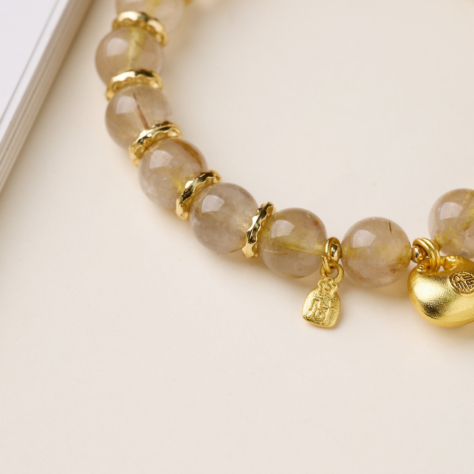 zensoullab Natural 10MM Golden Rutilated Quartz Bracelet for Women, Twisted Good Luck and Peace Lock, High-end Crystal Bracelet