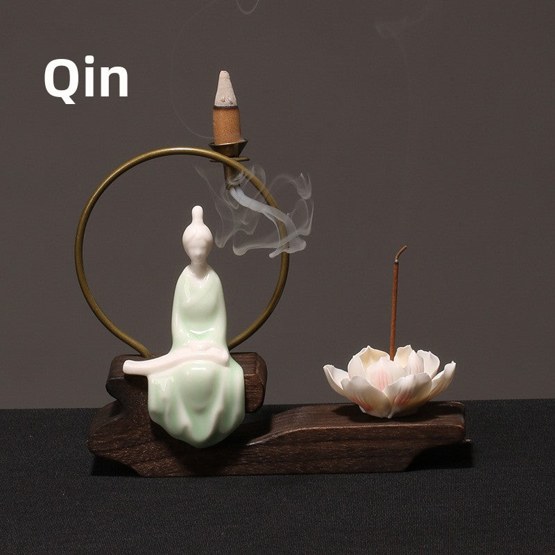 zensoullab Creative Chinese Ceramic Ornament Phaseless Buddha Statue Home Backflow Incense Burner Sandalwood Aromatherapy Burner Incense Holder Incense Device Wooden Incense Stand